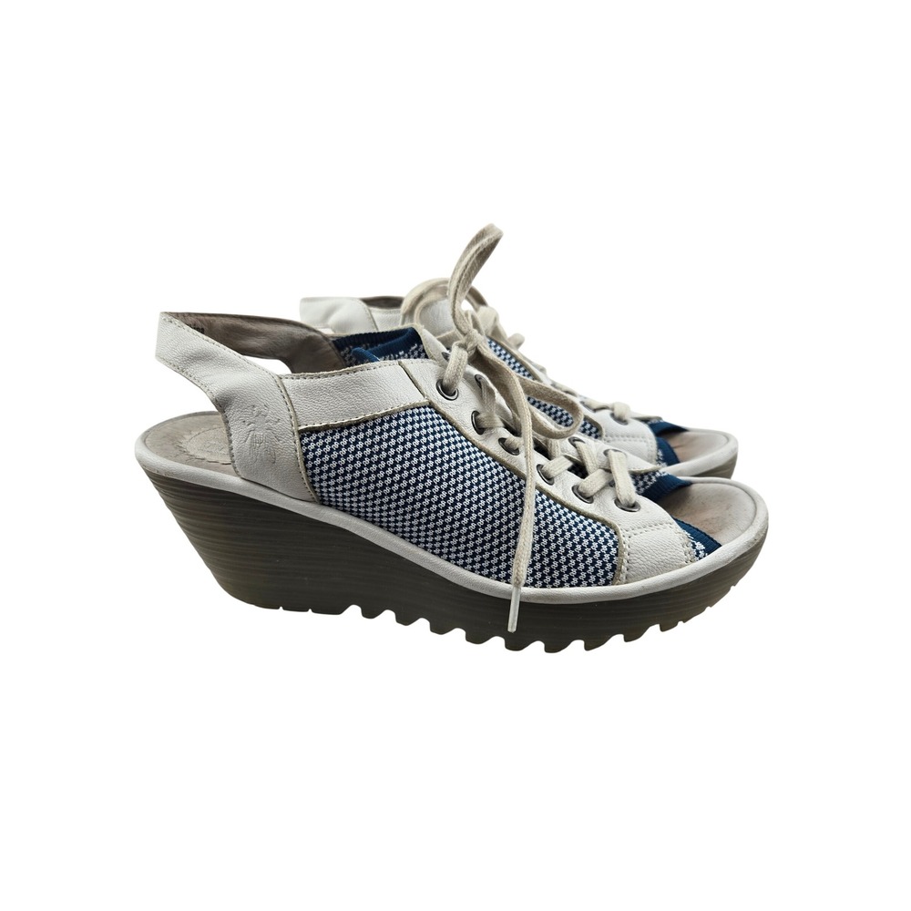 Fly London Yedu White Blue Mousse Knit Leather‎ Wedge Sandals Womens 39 US 8-8.5